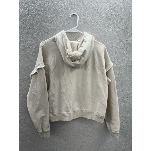 American Eagle Womens Sweatshirt Size Small Tan Hooded Ruffled Long Sleeve - Picture 7 of 11